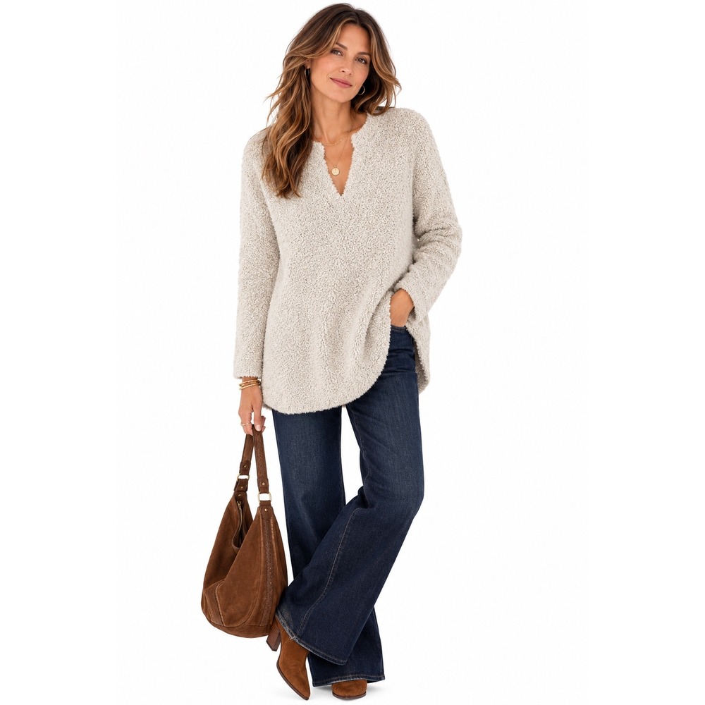 Pure Jill J. Jill Teddy Fleece Sweater Oatmeal Beige V-Neck Tunic Cozy Medium